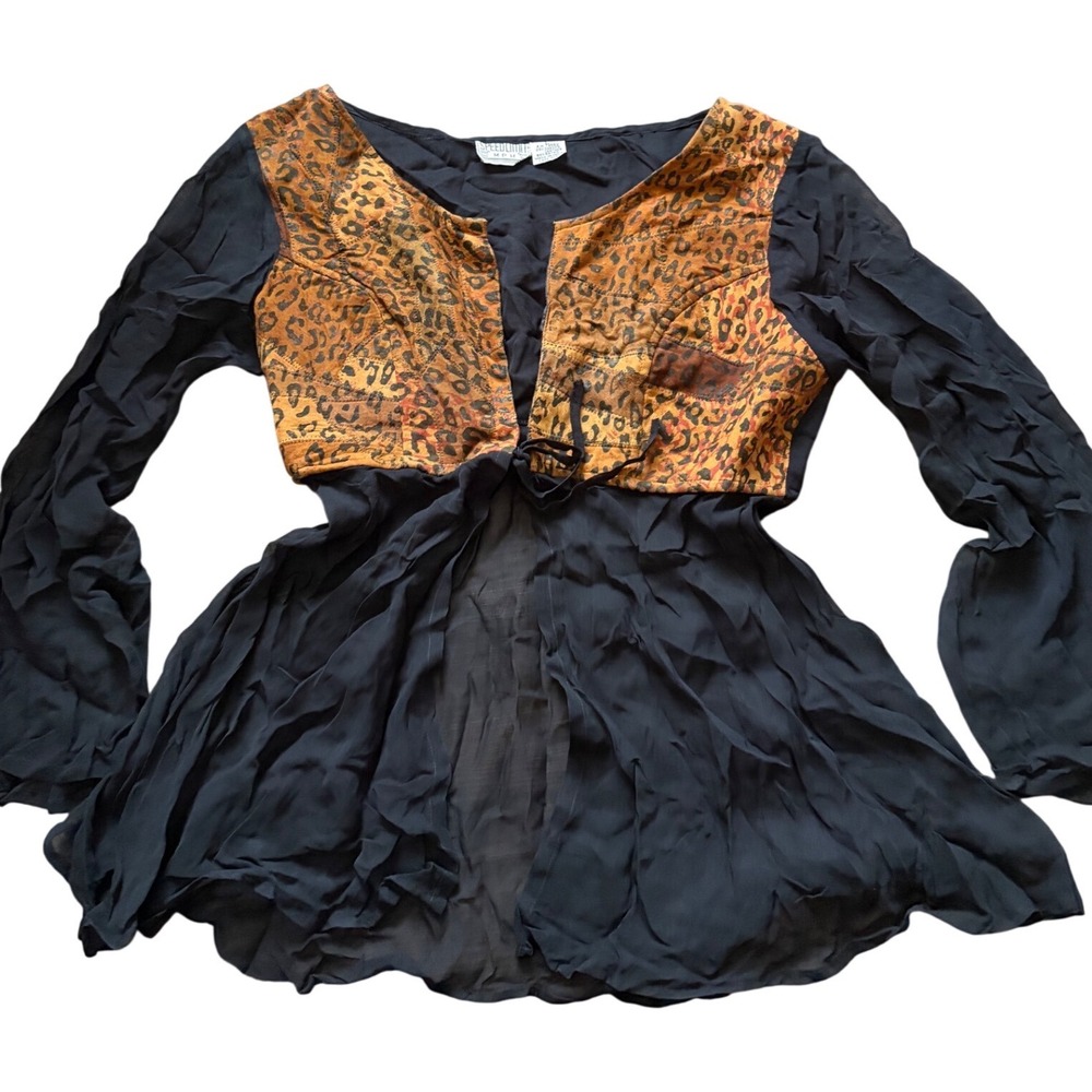 Vintage Leopard Suede Patchwork Sheer Black Babydoll Tunic Top L
